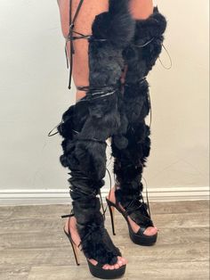 Over The Knee Black Fur Stiletto Sandals