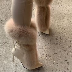 Mid Calf Lace Up Fur High Heel Boots