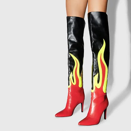 Flame Design Over The Knee High Heel Boots