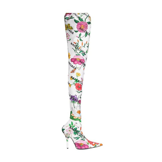 Floral Print Over The Thigh Stiletto High Heel Boots Inspired by Gucci X Balenciaga