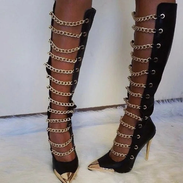 Gold Chain Knee High Boots