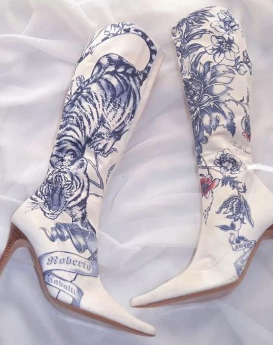 Vintage Tattoo Print Knee Length High Heel Boots