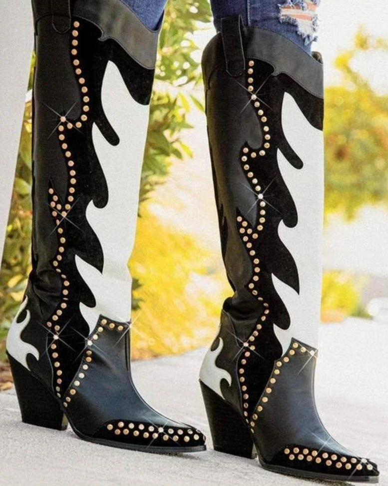 Black & White Studded Cowboy Western Boots