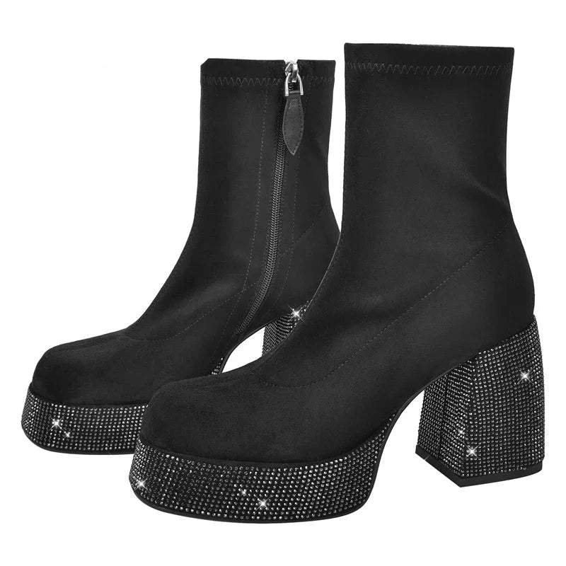 Rhinestone Platform Ankle Zipper High Heel Boots