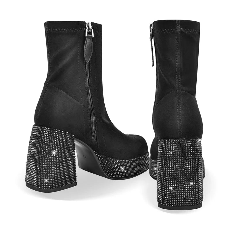 Rhinestone Platform Ankle Zipper High Heel Boots