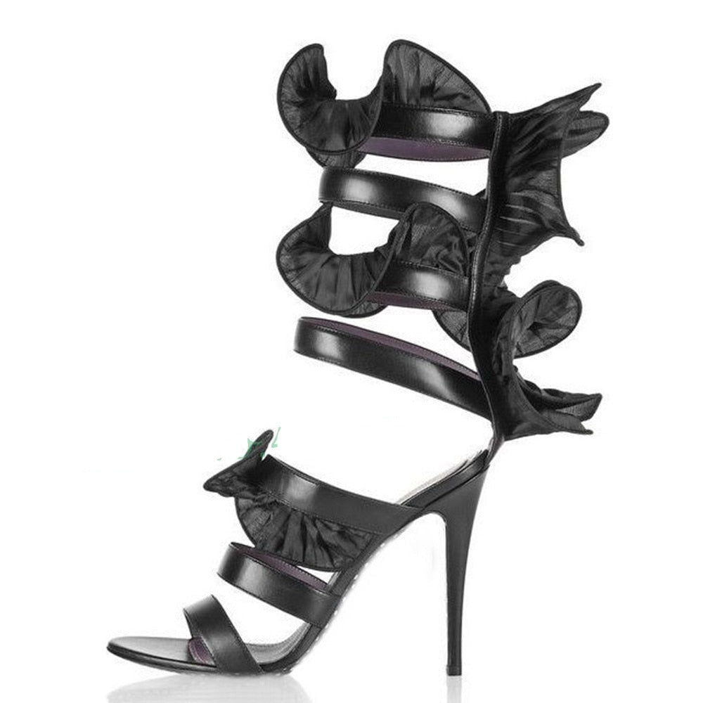 Black Ruffles Strap High Heels Sandals - Sansa Costa
