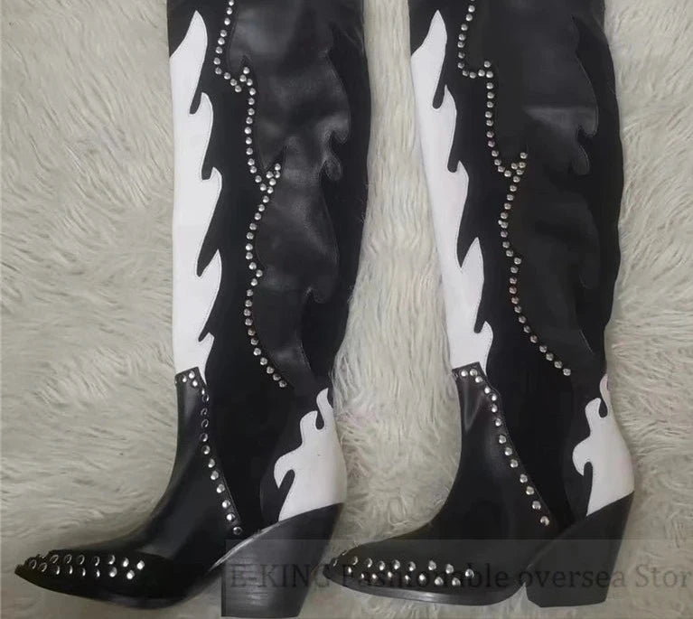 Black & White Studded Cowboy Western Boots