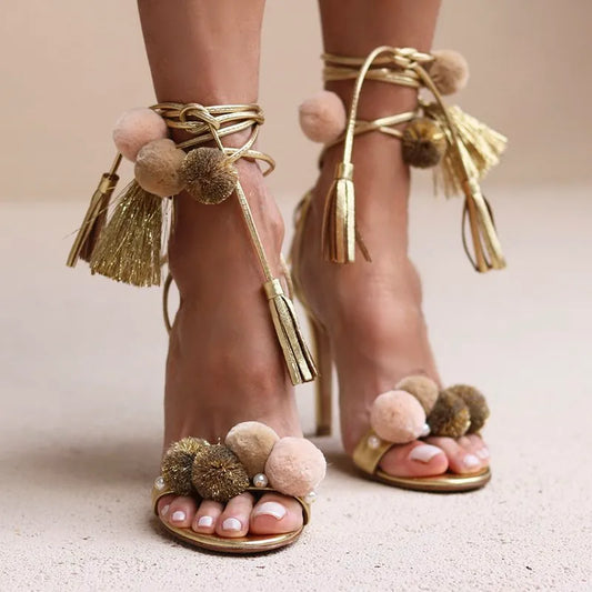 Pom Pom Tassel Strap Lace Up High Heel Sandals