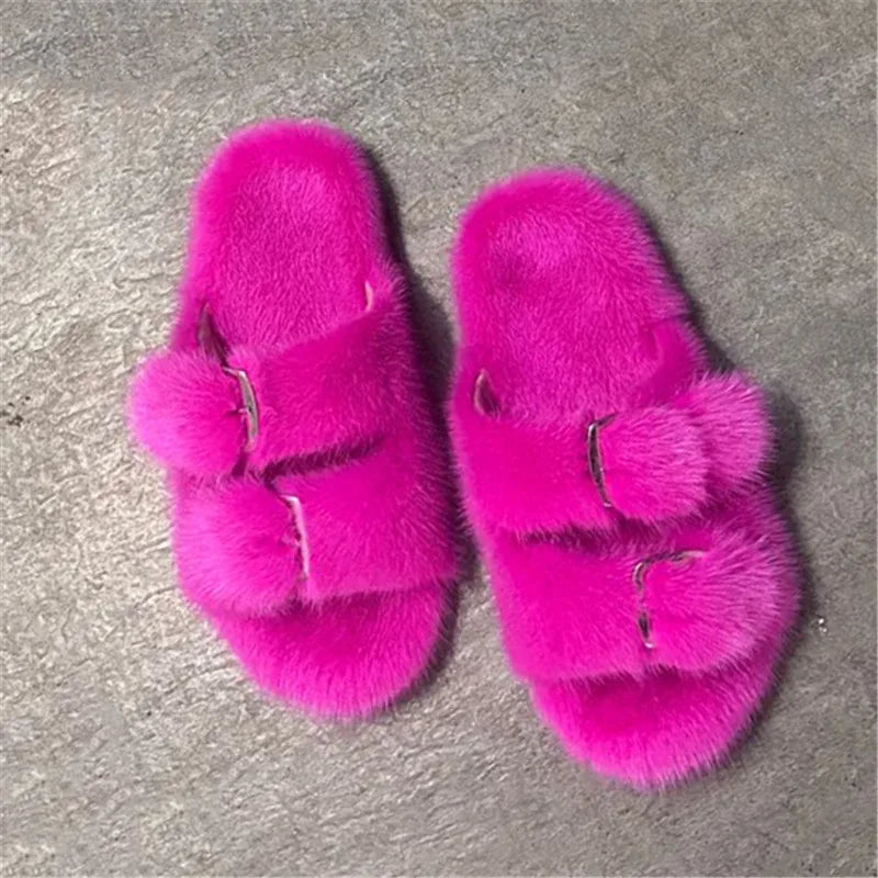 Fur Buckle Slippers