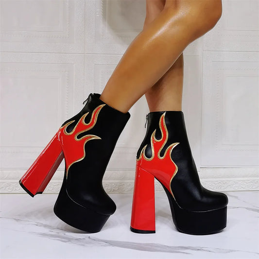 Mid-Calf Flame Design Platform High Heel Boots