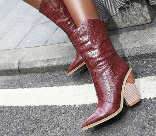 Fish Scale Mid-Calf High Heel Boots