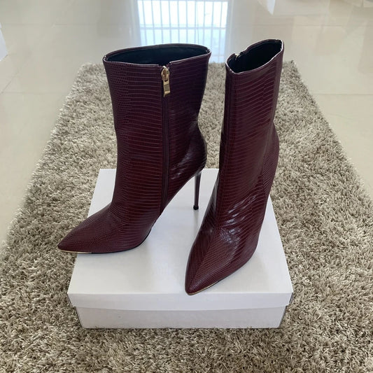 Mid-Calf Snake Skin Side Zipper High Heel Boots