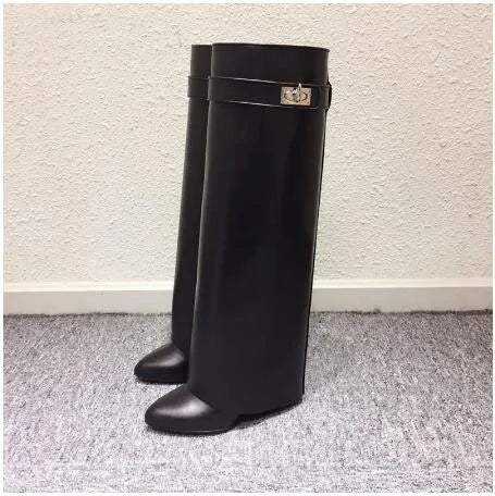 Shark Lock Knee High Flat Boots Inspired by Givenchy
