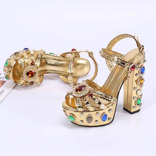 Multi Color Crystal High Heel Ankle Strap Sandals