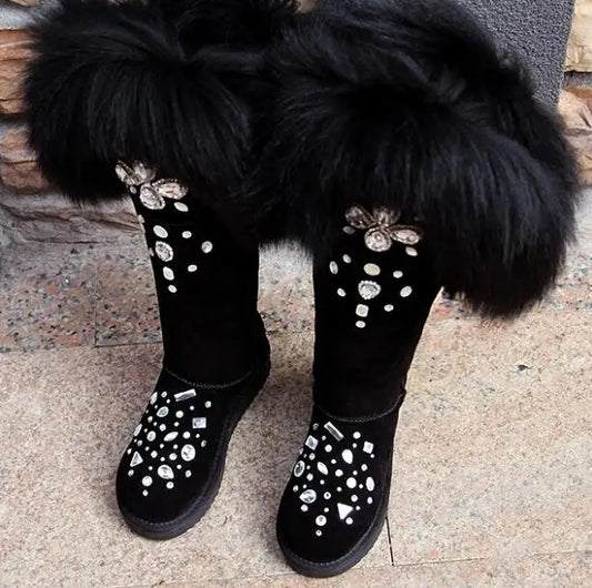 Winter Black Bling Rhinestone Over Knee Snow Boots
