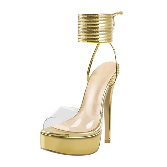 Metallic PVC Cross Strap High Heel Sandals