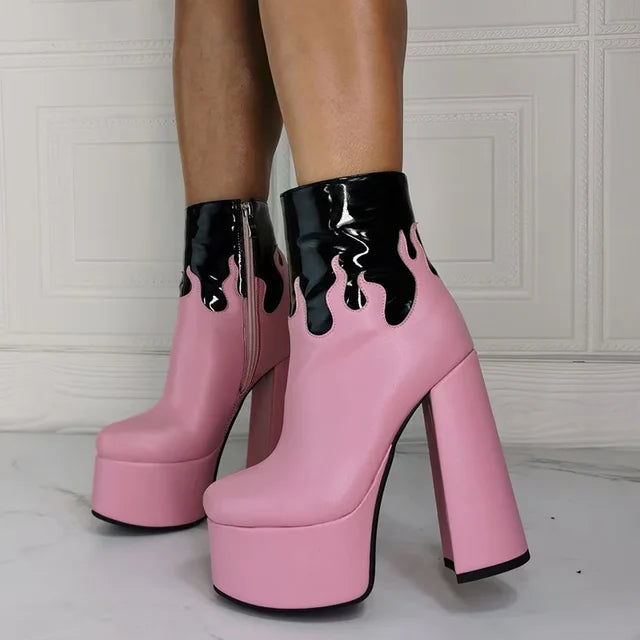 Pink Flame Chunky Platform High Heel Boots