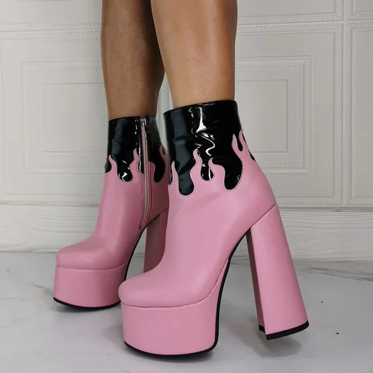Pink Flame Chunky Platform High Heel Boots