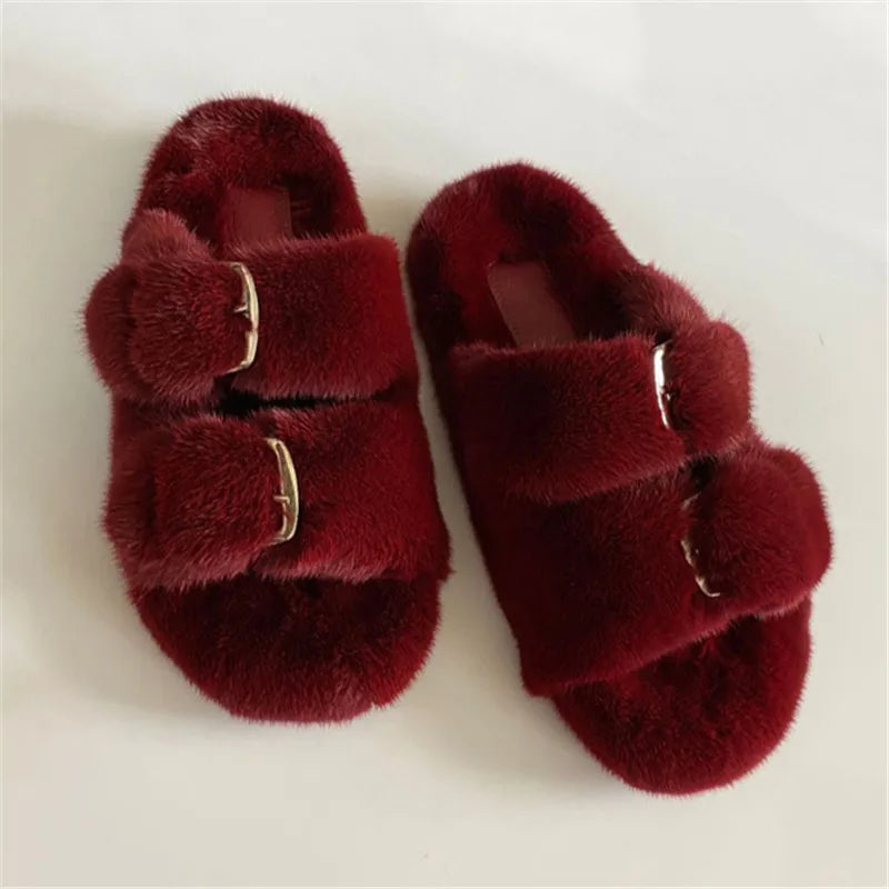 Fur Buckle Slippers