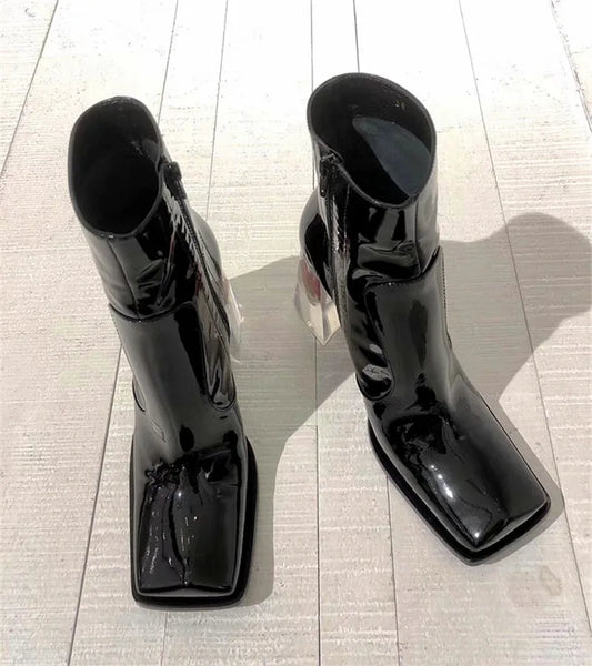 Square Transparent Rose Heel Ankle Boots