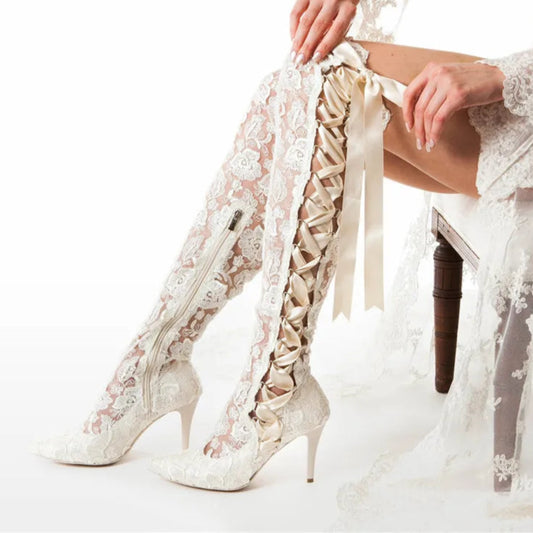 Lace Ribbon Thigh High Stiletto High Heel Boots