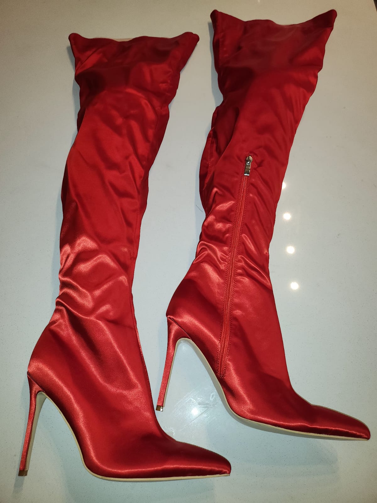 Clearance -Red Silk Knee-High Boots