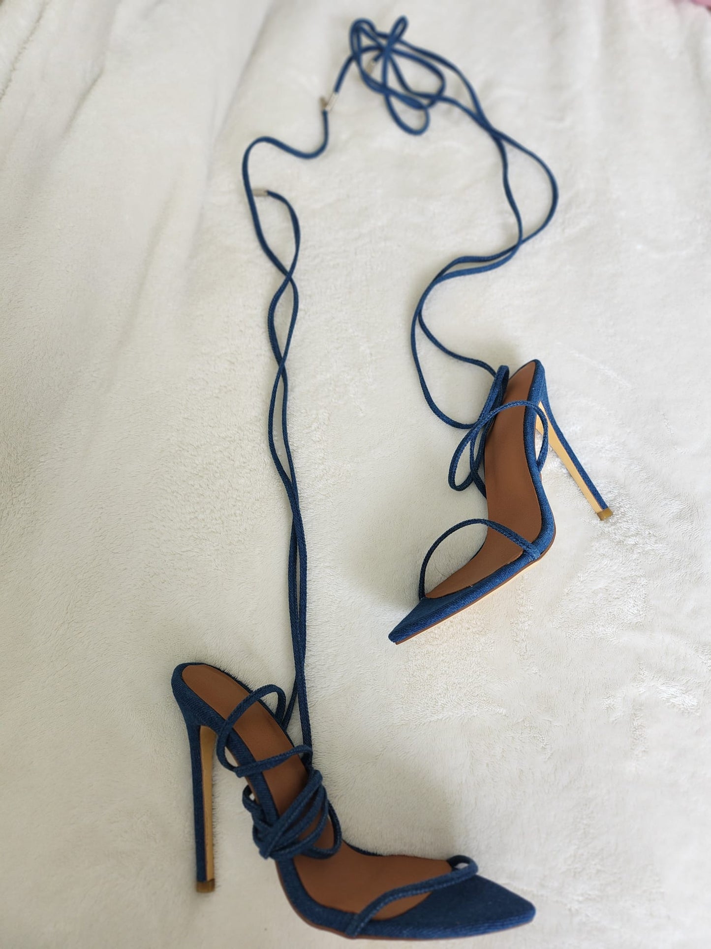 Clearance - Blue Denim Thin Cross Strap Stiletto Heels Large