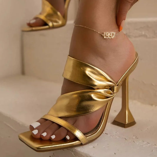 Metallic Wide Strap High Heel Sandals
