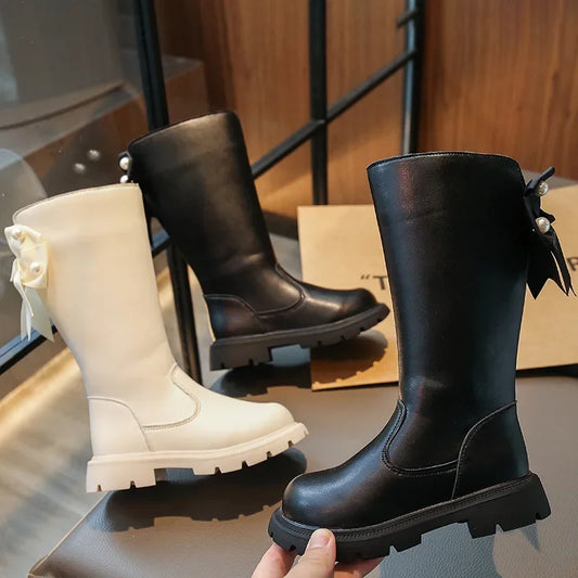 Pearl Bow Mid Calf Boots