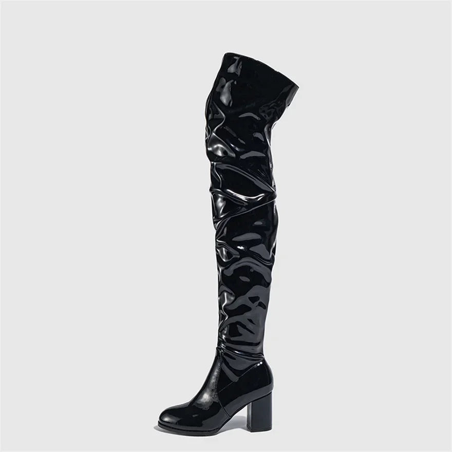 Glossy Ruched Skin Tight Thigh High High Heel Boots