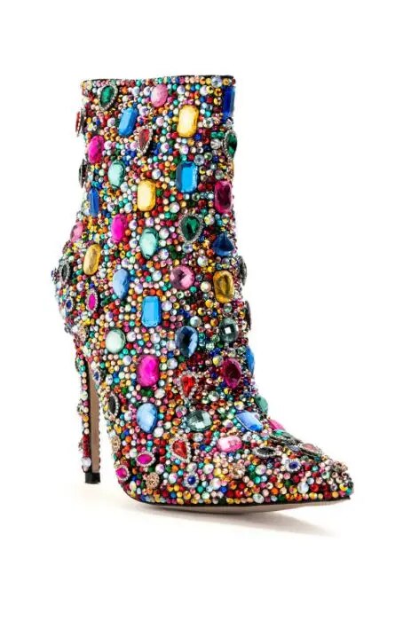 Multi-Color Crystal Mid Calf High Heel Boots