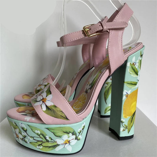 "Gabardine" Floral Printed High Heel Platform Sandals Inspired By Dolce & Gabbbana