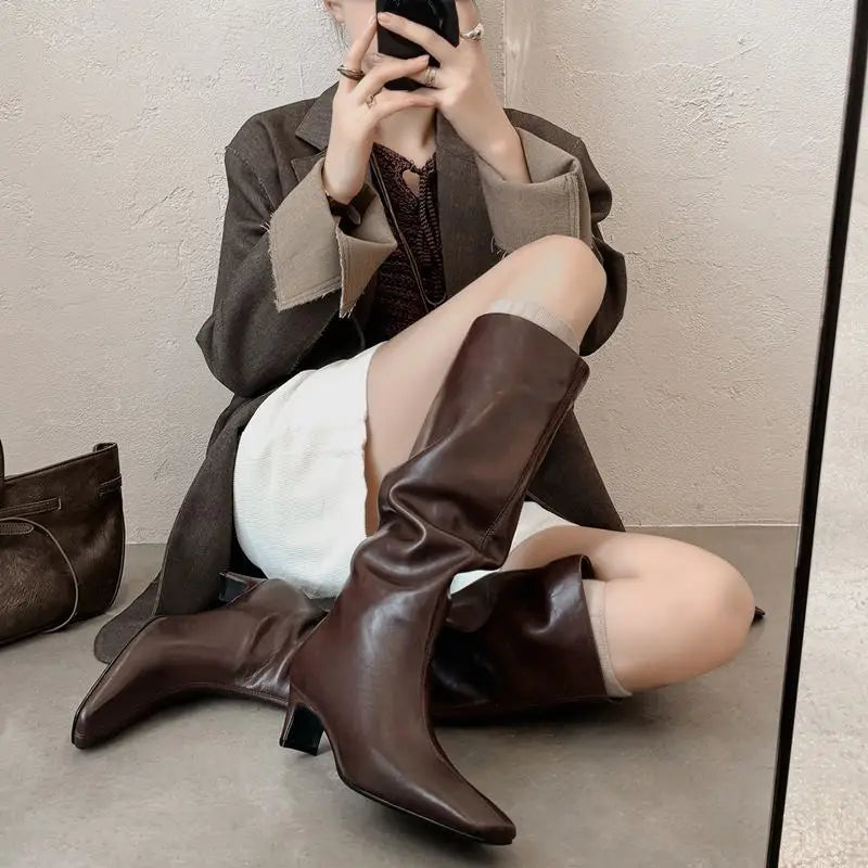 Brown Square-Toe Knee High Boots