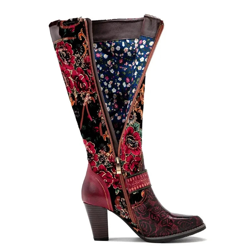 Vintage Floral Patchwork Western High Heel Boots