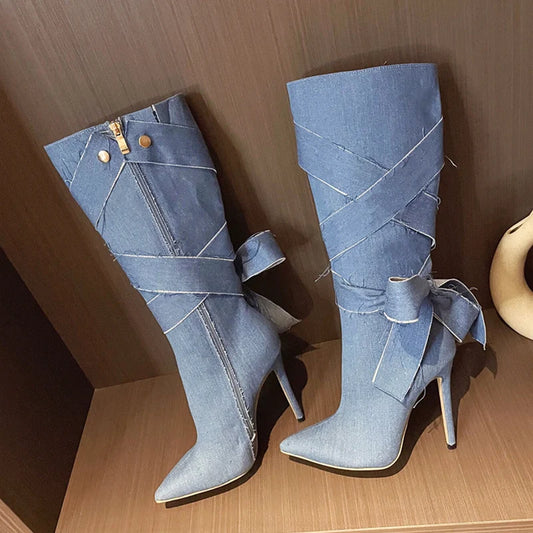 Blue Denim Butterfly Knot Boots