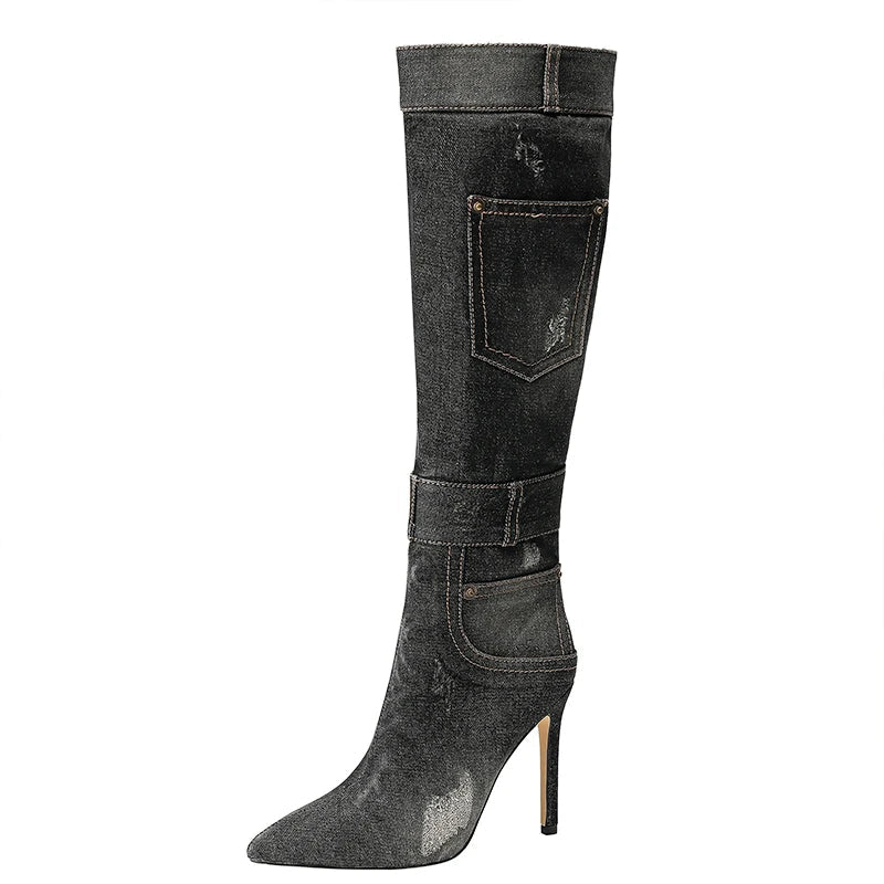 Knee-High Jean Pocket Design High Heel Boots