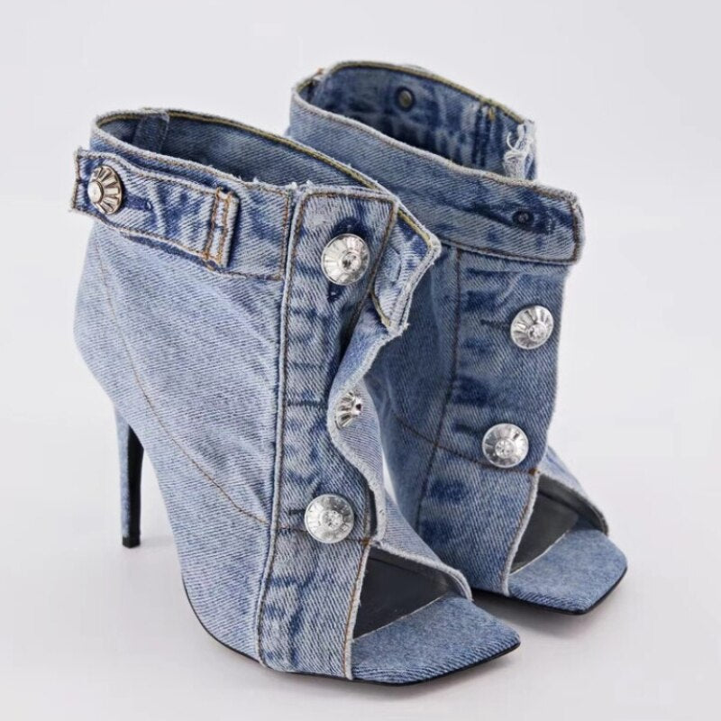 Pocket Design Fashion Denim High Heel Sandals - Sansa Costa