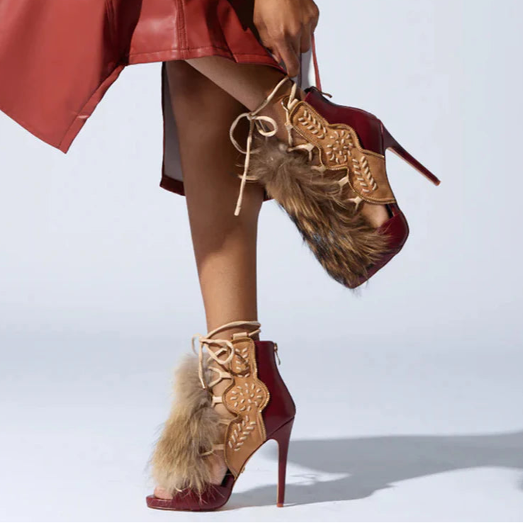 Furry Belt Buckle High Heel Ankle Boot