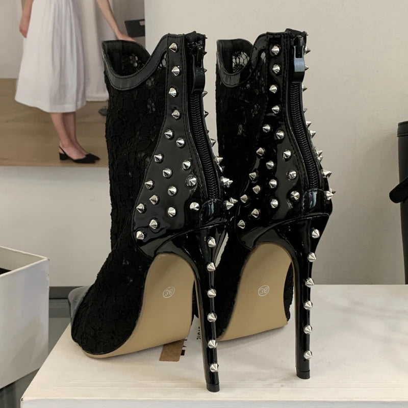 Rivet and Mesh Stiletto High Heel Ankle Boots