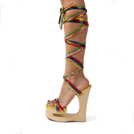 Wooden Wedge Cross-Strap Lace Up High Heel Sandals