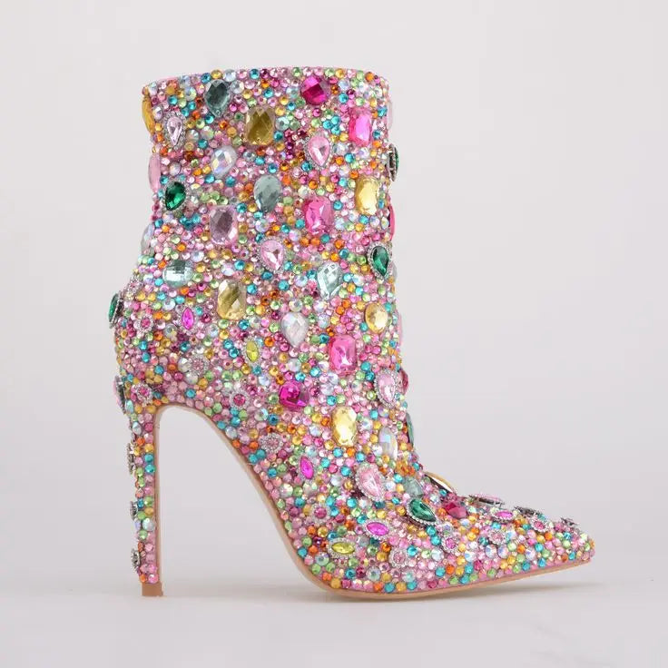 Multi-Color Rhinestone Covered High Heel Ankle Boots