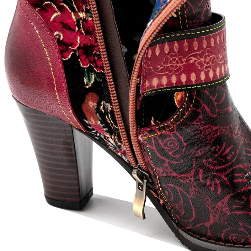Vintage Floral Patchwork Western High Heel Boots