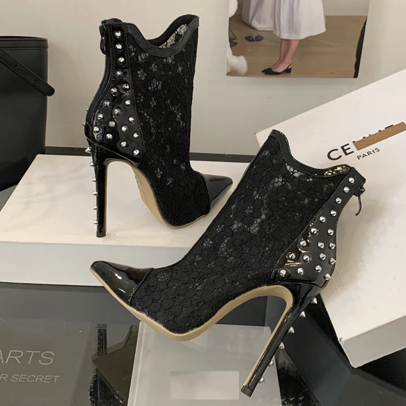 Rivet and Mesh Stiletto High Heel Ankle Boots