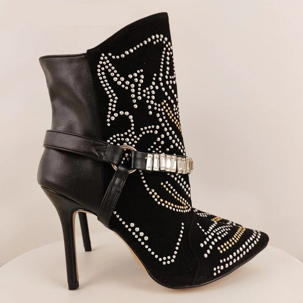 Rhinestone Black Stiletto Ankle Boots Inspired By Isabel Marant
