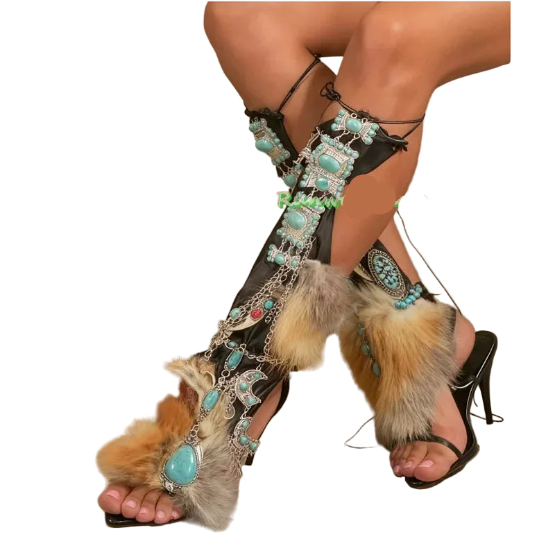 Turquoise Fur Wrap Sandals