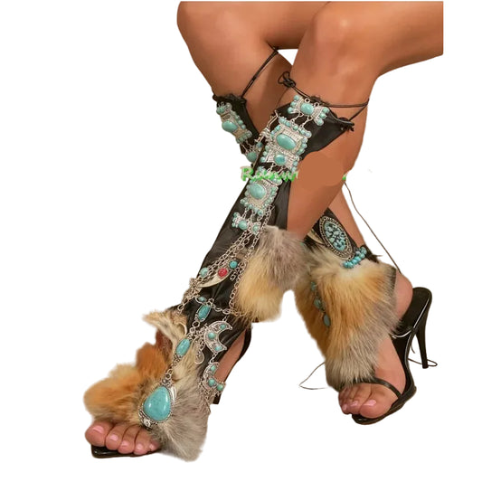 Turquoise Fur Wrap Sandals