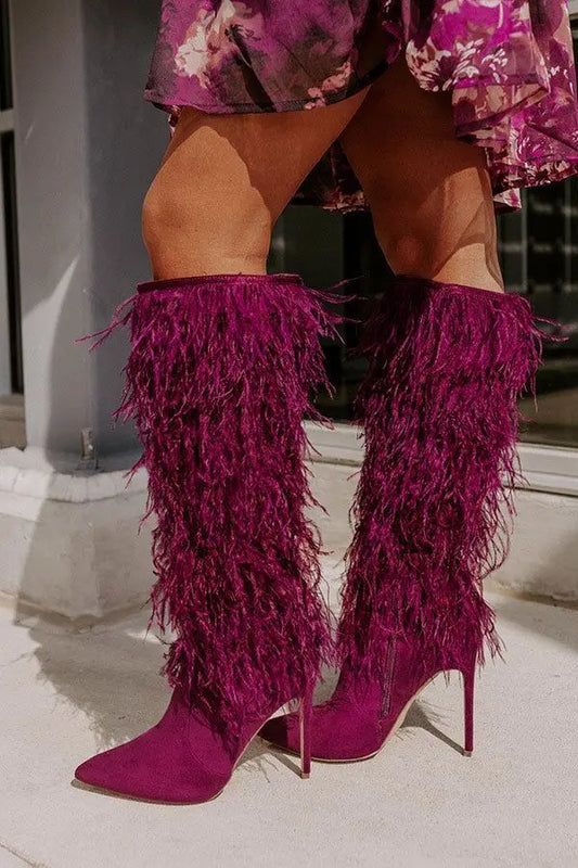 Feather Knee High Stiletto Boots