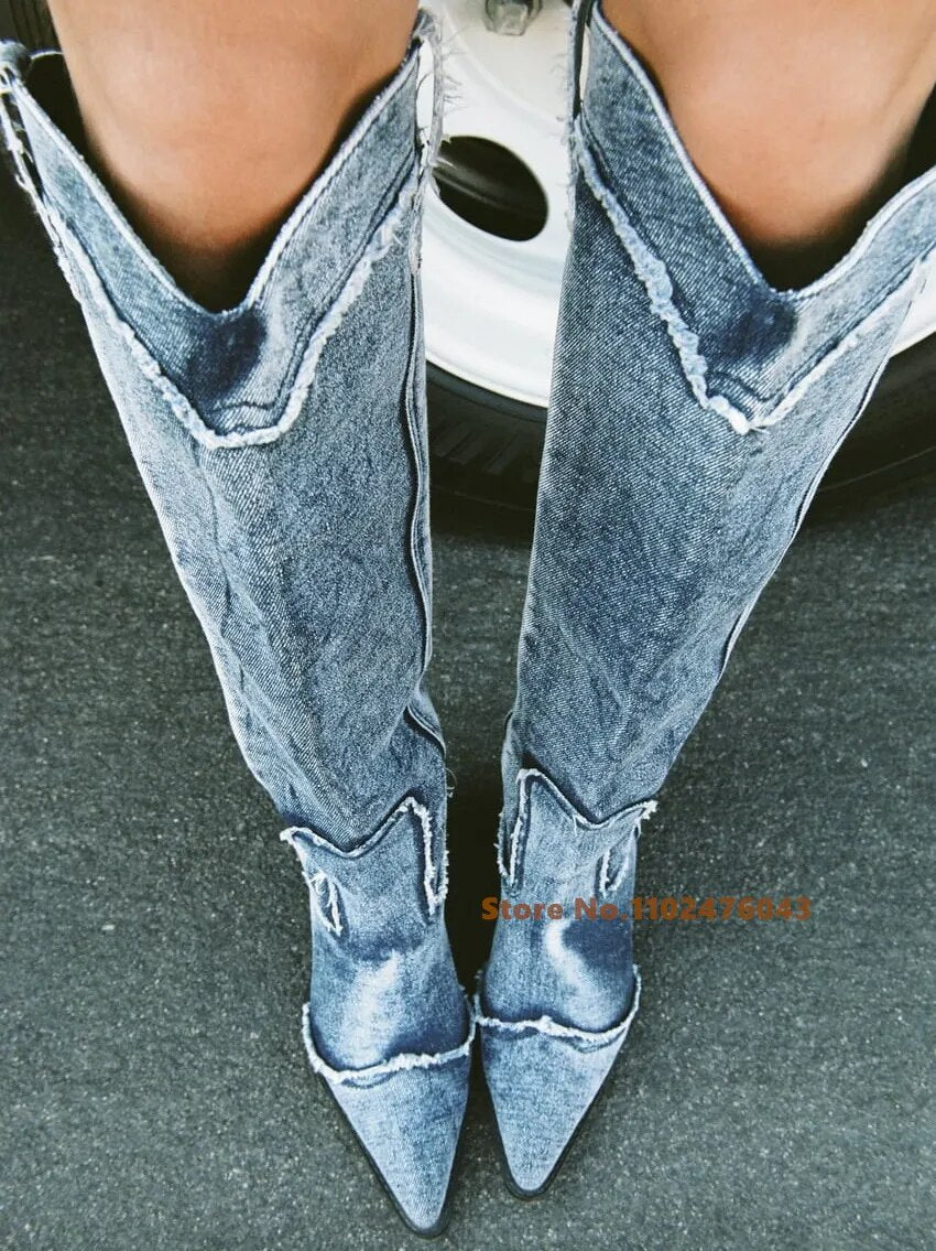 Zara Inspired Denim Western Knee-high  Boots
