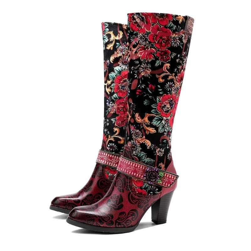 Vintage Floral Patchwork Western High Heel Boots