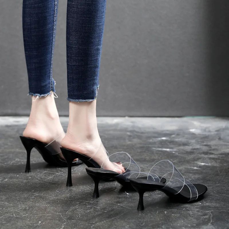 Double Clear Strap High Heel Mules